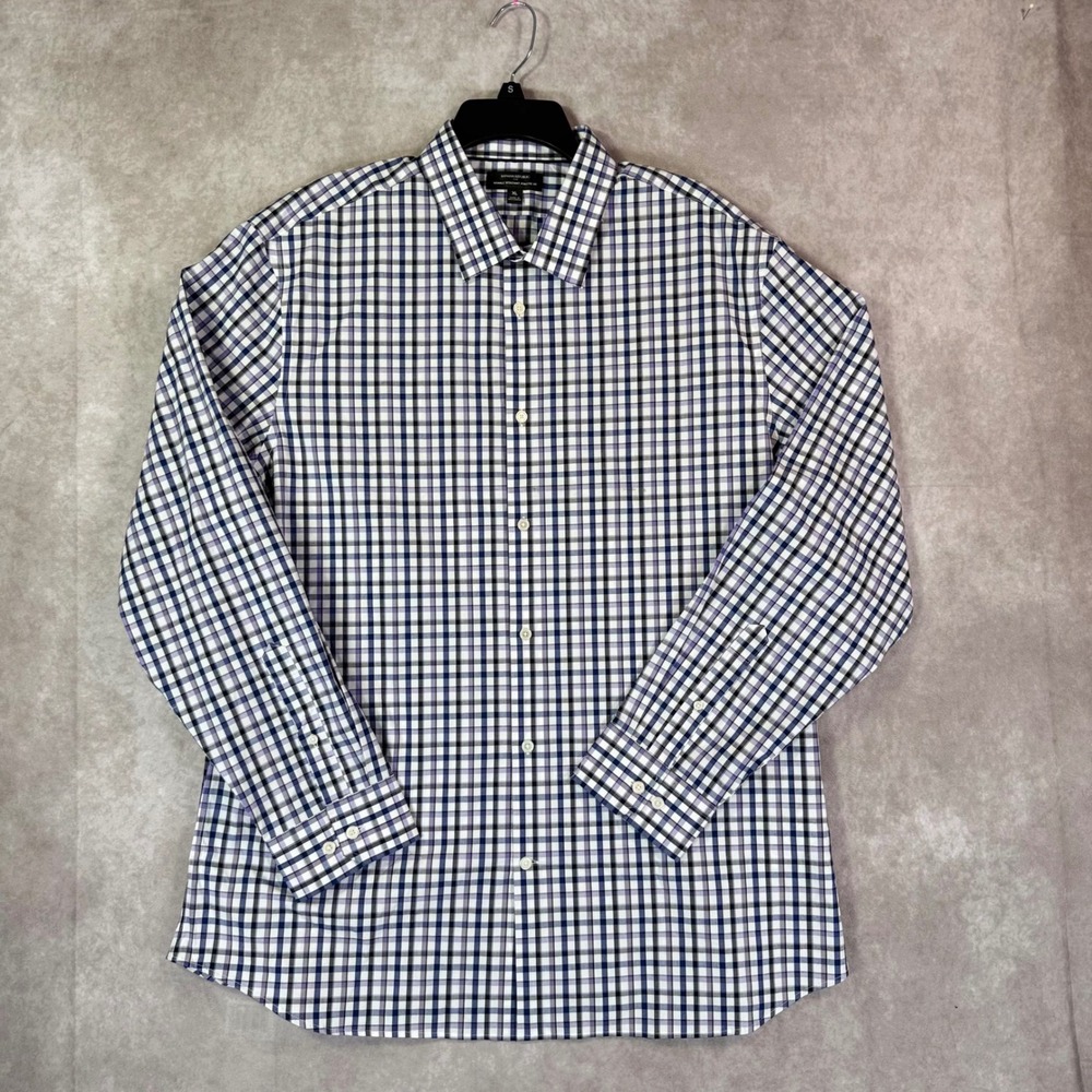 Banana Republic Dress Shirt Mens XL Purple Plaid Athletic Fit Wrinkle Resistant